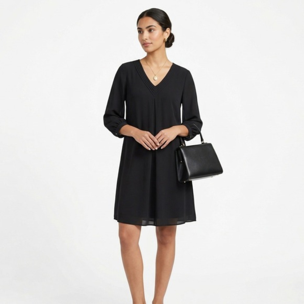 Lush Old Money Modest Mini Dress Black V-Neck 3/4 Sleeve Minimalist Size M